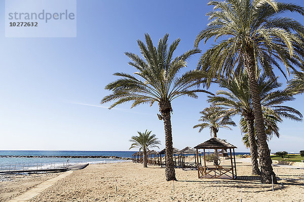 Palmen und Unterstände am Strand; Geroskipou  Zypern'.