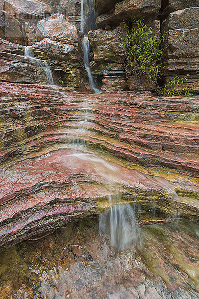 Wasser fließt über einen sehr farbenfrohen Wasserfall im Herzen des Toro Toro Nationalparks; Bolivien'.
