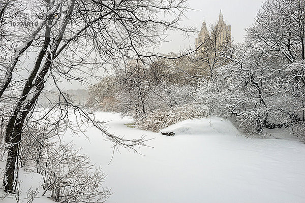 Der zugefrorene und schneebedeckte See  Central Park; New York City  New York  Vereinigte Staaten von Amerika'.