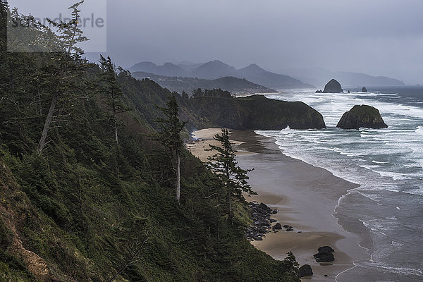 Regen erzeugt eine düstere Stimmung an der Küste von Oregon; Cannon Beach  Oregon  Vereinigte Staaten von Amerika'.