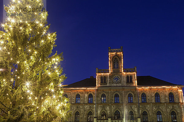 Beleuchteter Weihnachtsbaum und Gebäudefassade