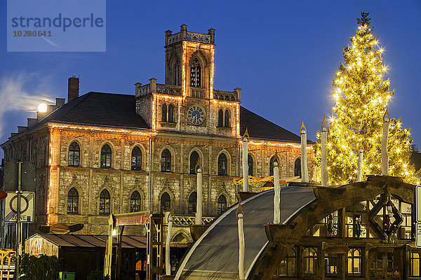 Beleuchteter Weihnachtsbaum und beleuchtetes Rathaus