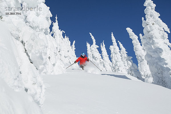 Ältere Frau beim Skifahren zwischen verschneiten Bäumen