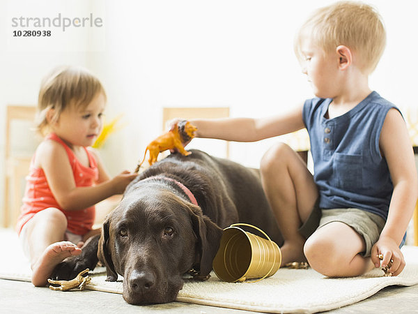 Kinder (2-3) spielen mit Hund