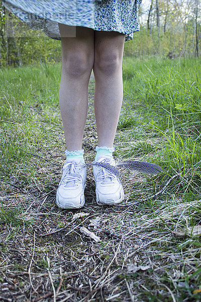 Federn fallen  Mädchen Beine auf Hintergrund