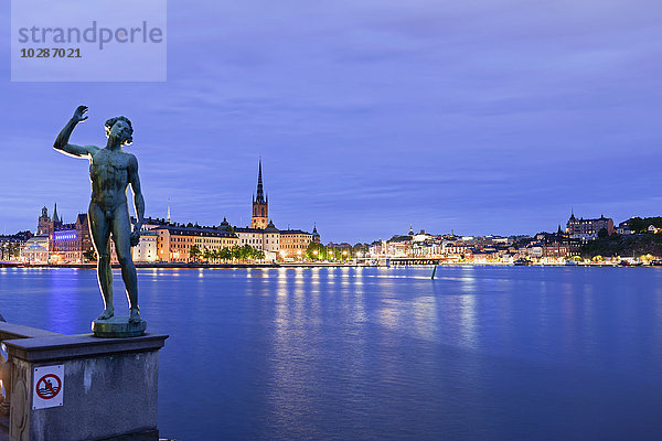 Bronzestatue vor der Kulisse des Stockholmer Stadtteils Gamla Stan  Stockholm  Schweden
