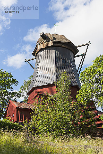 Niedriger Blickwinkel auf eine traditionelle Windmühle auf einem Feld  Stockholm  Schweden
