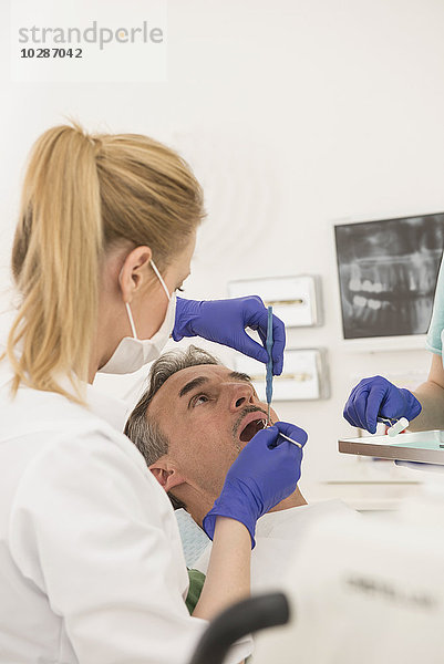 Zahnärztin bei der Untersuchung eines Patienten  München  Bayern  Deutschland