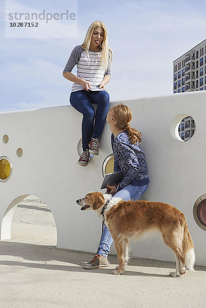 Zwei Freunde haben Spaß auf einem Spielplatz mit Hund  München  Bayern  Deutschland