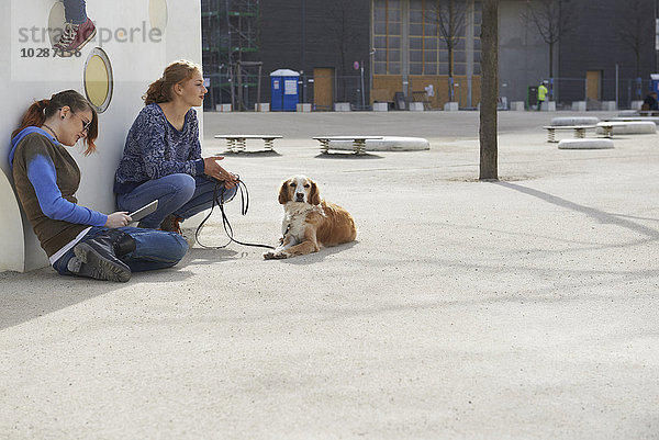 Zwei Freunde sitzen auf einem Spielplatz mit Hund  München  Bayern  Deutschland