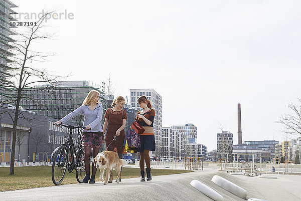 Drei Freunde gehen auf einem Spielplatz mit Hund spazieren  München  Bayern  Deutschland