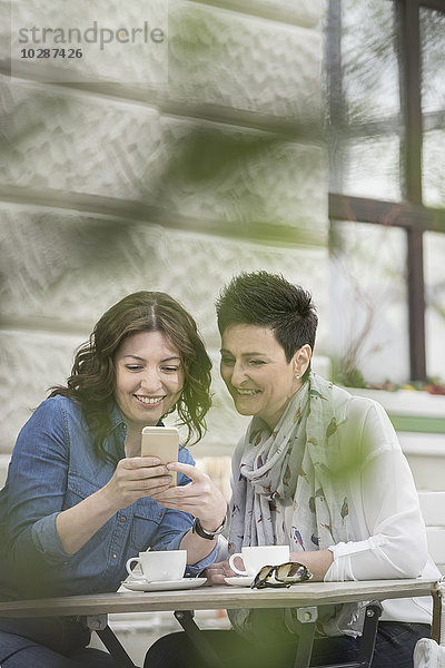 Zwei Freunde im Straßencafé schauen auf das Telefon  Bayern  Deutschland