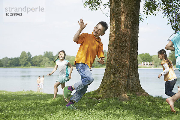 Kinder laufen um einen Baum am Seeufer  Bayern  Deutschland