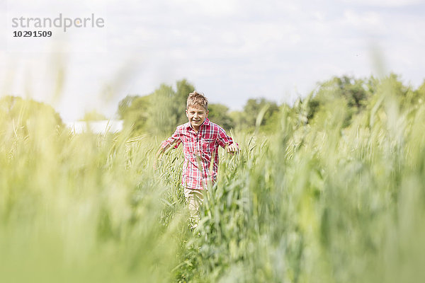 Sorgenfreier Junge läuft im sonnigen ländlichen Feld