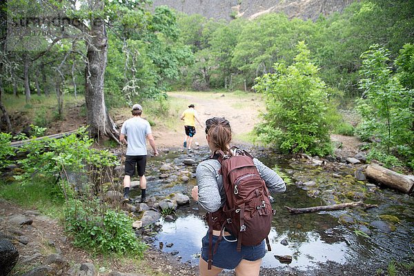 Kleine Gruppe von Freunden beim Wandern über den Bach  Rückansicht