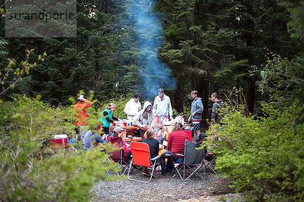 Gruppe von Freunden beim Picknick im Wald