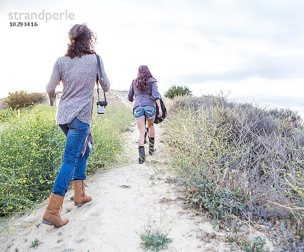 Rückansicht von zwei erwachsenen Schwestern  die auf einem Feldweg gehen.