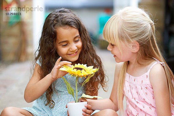Zwei Mädchen berühren Sonnenblumentopf im Garten