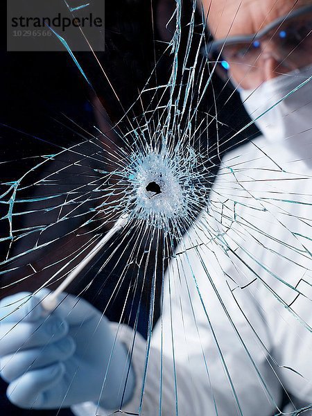 Gerichtsmediziner benutzt Tupfer  um Beweise aus dem zerbrochenen Fenster zu sammeln.