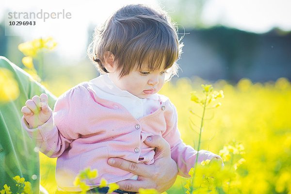 Weibliches Kleinkind beim Berühren gelber Blüten im Feld
