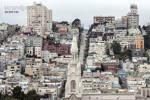 Ausblick vom Telegraph Hill auf die Filbert Street und Häuser von Russian Hill  San Francisco  vorne Peter und Paul Kirche  Kalifornien  USA  Nordamerika