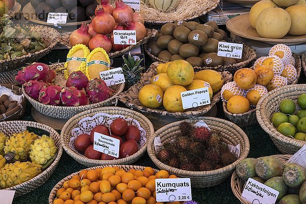 Verschiedene exotische Früchte an einem Obststand  Viktualienmarkt  München  Bayern  Deutschland  Europa