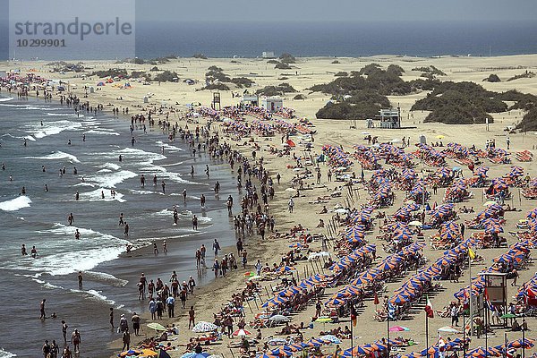 Strand mit Sonnenschirmen und vielen Menschen  Playa del Ingeles  Gran Canaria  Kanarische Inseln  Spanien  Europa