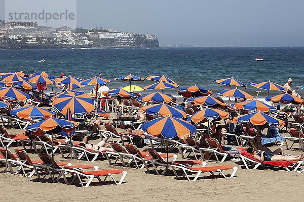 Strand mit Sonnenschirmen und Sonnenliegen  Playa del Ingeles  Gran Canaria  Kanarische Inseln  Spanien  Europa