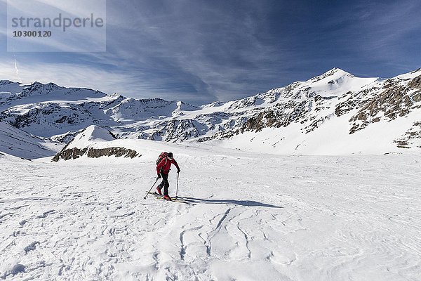 Skitourengeher beim Aufstieg auf die Madritschspitze im Martelltal  hinten die Zufallspitze und die Veneziaspitzen  Nationalpark Stilfserjoch  Ortlergruppe  Vinschgau  Südtirol  Trentino-Südtirol  Italien  Europa