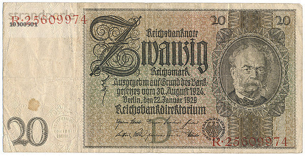 Reichsbanknote mit Portrait von Ernst Werner von Siemens  Zwanzig Reichsmark  1929  Deutschland  Europa