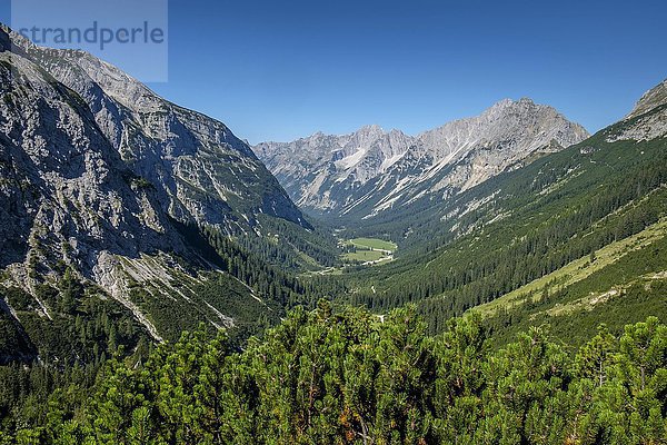 Ausblick in das Karwendeltal mit Karwendelspitze und Hochkarspitze  Tirol  Österreich  Europa