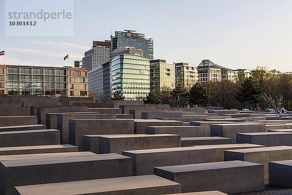 Skyline der Häuser am Potsdamer Platz  Denkmal für die ermordeten Juden Europas  Holocaust-Mahnmal  von Architekt Peter Eisenmann  Berlin  Deutschland  Europa