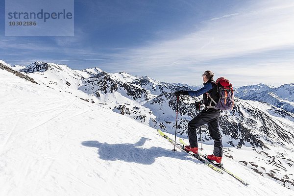 Skitourengeher beim Aufstieg auf die Madritschspitze im Butzental  Martelltal  hinten die Schöntaufspitze  Nationalpark Stilfserjoch  Ortlergruppe  Vinschgau  Südtirol  Trentino-Südtirol  Italien  Europa