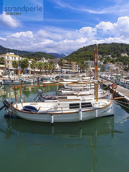 Weiße Fischerboote im Hafen von Port de Soller  Sóller  Mallorca  Balearen  Spanien  Europa
