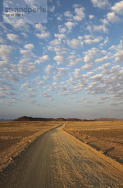 Schotterstraße auf Wüstenebene  isolierte Bergrücken  Schäfchenwolken  am Rande der Namib-Wüste  Abendlicht  Kulala Wilderness Reserve  Namibia  Afrika