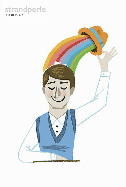 Glücklicher Mann hebt seinen Hut mit einem Regenbogen