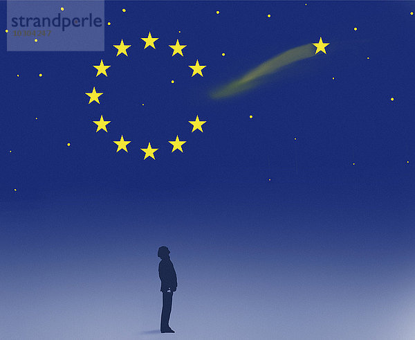 Mann schaut auf eine Sternschnuppe  die die EU-Flagge verlässt