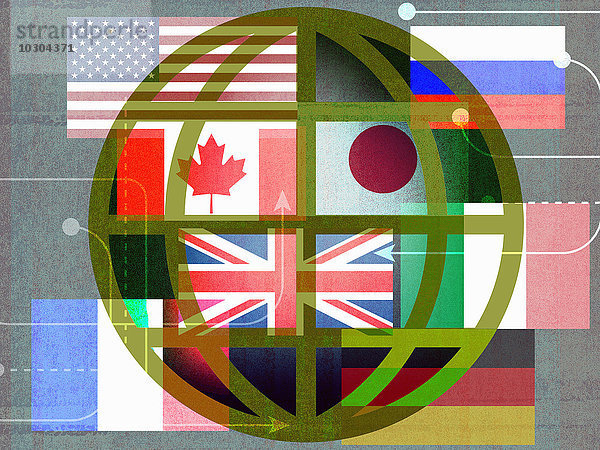 Pfeile in verschiedenen Richtungen über einem Globus mit Flaggen der G8-Nationen