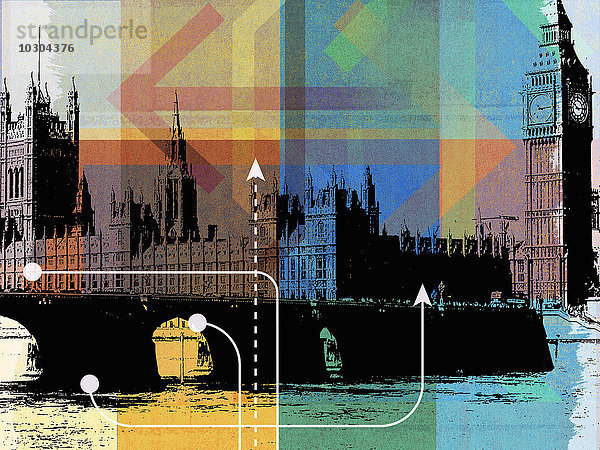 Pfeile in verschiedenen Richtungen über dem Houses of Parliament  Westminster  London  England