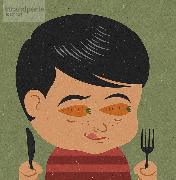 Junge mit Messer und Gabel leckt sich die Lippen und erwartet Möhren zum Essen
