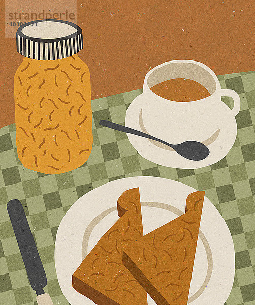Toast  Marmelade und Tee zum Frühstück