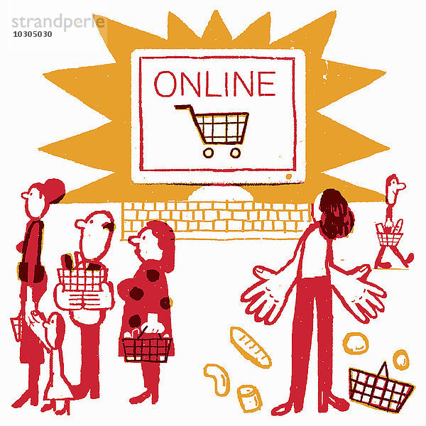 Frau wartet an der Schlange im Supermarkt und beobachtet glücklichen Mann beim Online-Shopping