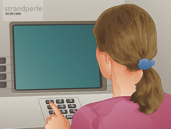 Frau benutzt Tastatur an einem Geldautomaten
