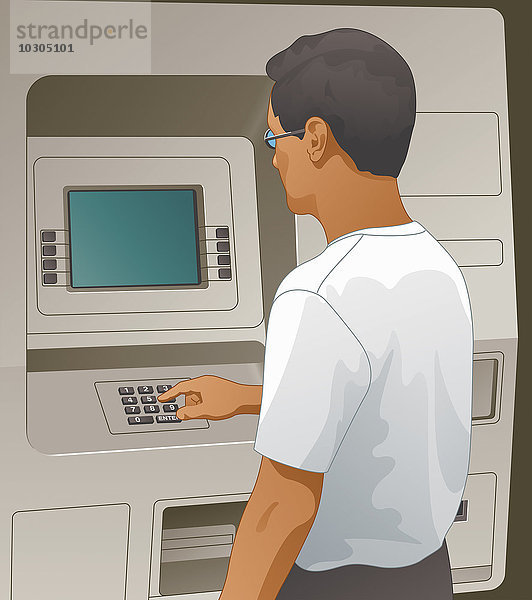 Mann benutzt Tastatur an einem Geldautomaten