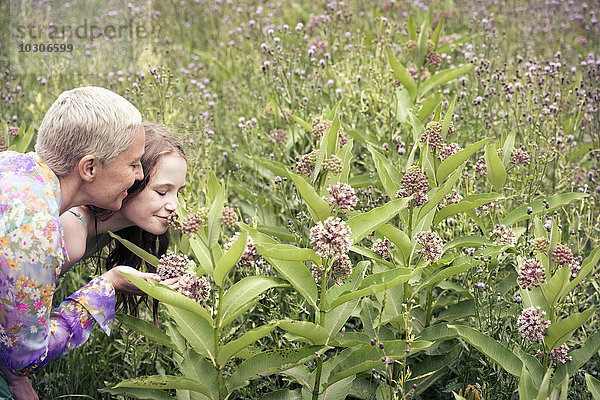 Eine reife Frau und ein junges Mädchen auf einer Wildblumenwiese  die sich die Blumen genau anschauen.