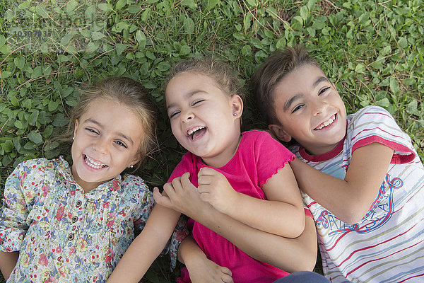 Porträt von drei lachenden Kindern  die nebeneinander auf einer Wiese liegen.