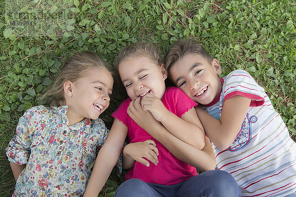 Porträt von drei lachenden Kindern  die nebeneinander auf einer Wiese liegen.