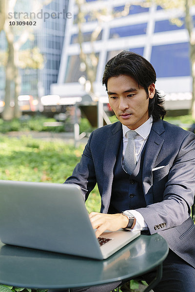 USA  New York City  Manhattan  Geschäftsmann  der mit einem Laptop in Bryant Park arbeitet.