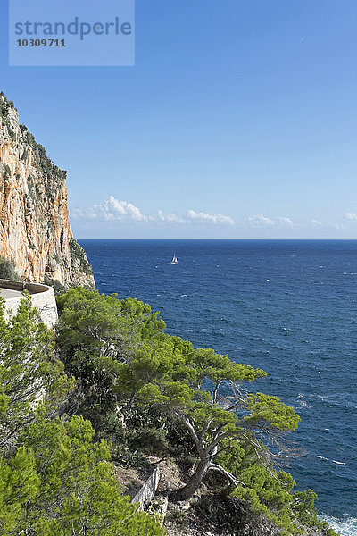 Spanien  Balearen  Mallorca  Küste bei Capdepera und Segelboot