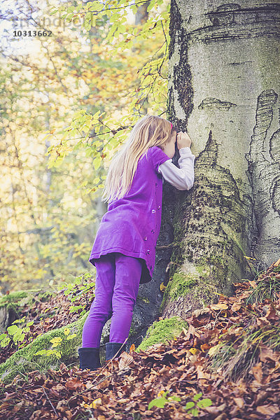 Kleines Mädchen  das mit geschlossenen Augen auf Baumstamm lehnt und Verstecken spielt.